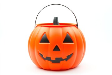 classic pumpkin-shaped halloween candy bucket in bright orange isolated on clean white background
