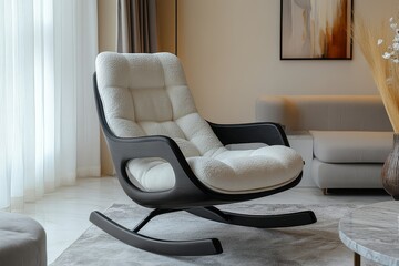 Black and white rocking chair with plush cushion, providing a comfortable seating experience in the living room for elderly people.