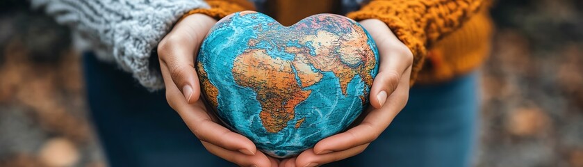 A heartshaped globe cradled by diverse people standing together, highlighting global love and environmental awareness