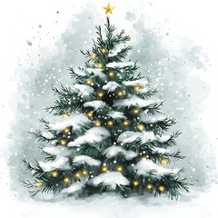A Watercolor Painting of a Snow-Covered Christmas Tree with Golden Lights.