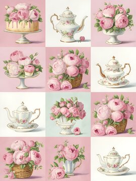 Vintage watercolor of a classic tea party. feature bouquets of pink flowers overflowing from baskets, teapots, vintage tea-time ambiance.