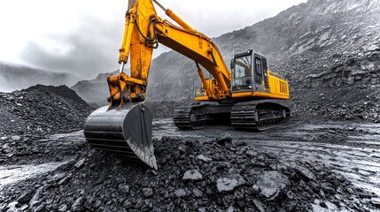 Yellow excavator digging in rocky terrain during overcast weather