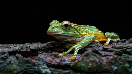 Naklejka premium Vibrant green and gold frog perched on dark wood.