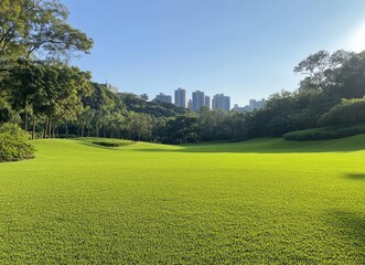 Serene Park Landscape with Lush Green Grass and Cityscape View