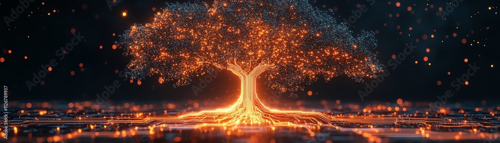 Poster a radiant tree of light with detailed circuitlike branches rooted in a glowing microchip, shining ag