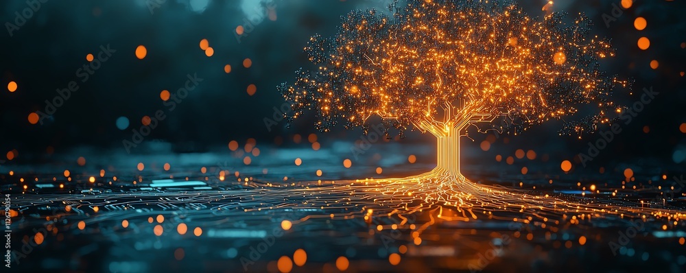 Poster A surreal tree of light with complex circuitry branching out from a glowing microchip, symbolizing technology and progress on a dark background