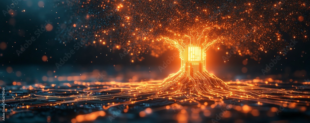 Poster A surreal tree of light with complex circuitry branching out from a glowing microchip, symbolizing technology and progress on a dark background