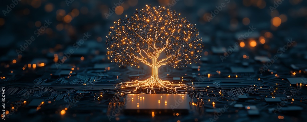 Poster A surreal tree of light with complex circuitry branching out from a glowing microchip, symbolizing technology and progress on a dark background