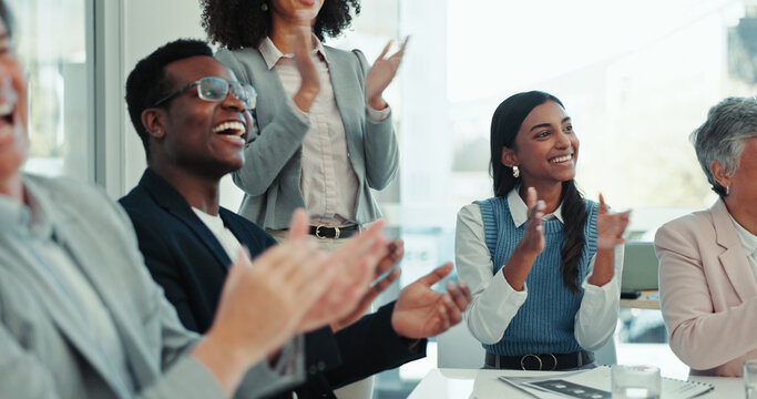 Celebration, group and applause for meeting, boardroom and happy for achievement, smile and teamwork. Public relations, people and clapping for success, accomplishment and win for business and office