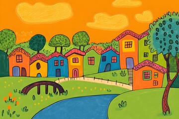 illustration of beautiful landscapes with mountains and lakes in watercolor, aquarelle look pencil art Countryside village landscape with church and houses illustration, design, vector, nature, travel