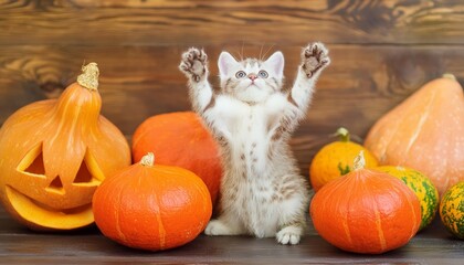 Adorable Funny Kitten Raising Its Paws Surrounded by Small JackoLantern Pumpkins in a Whimsical Halloween Setting