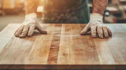 The handmade woodwork. Hands resting on a wooden surface in a workshop setting.