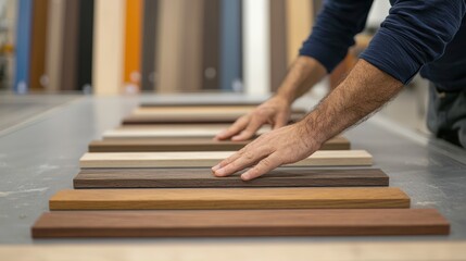 The handmade woodwork. Hands examining wooden samples in a workshop setting.
