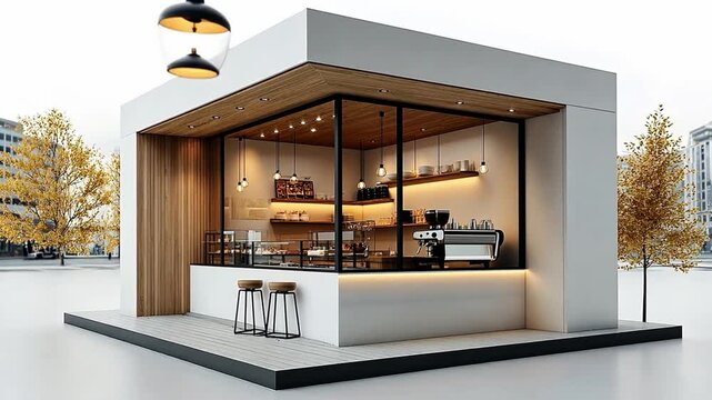 Modern Coffee Kiosk Design: Architectural rendering of a sleek, minimalist coffee kiosk with warm wood accents and modern lighting. Ideal for showcasing cafe designs and urban spaces. 