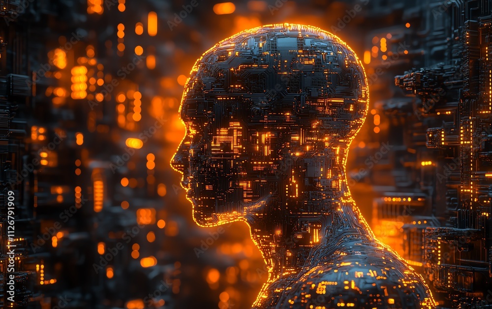 Poster An intricate circuit board design with a metallic copper human head silhouette at its center, illuminated by soft ambient futuristic lighting