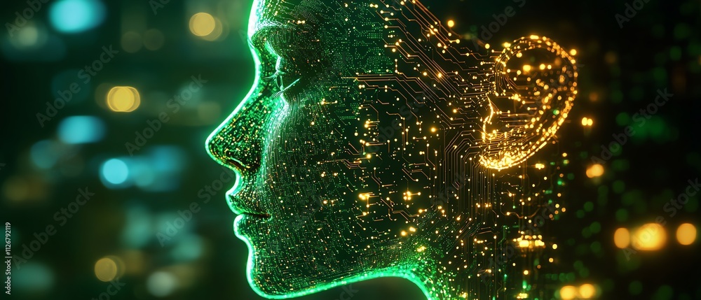 Poster closeup of a glowing green circuit board with intricate copper lines forming a human head silhouette
