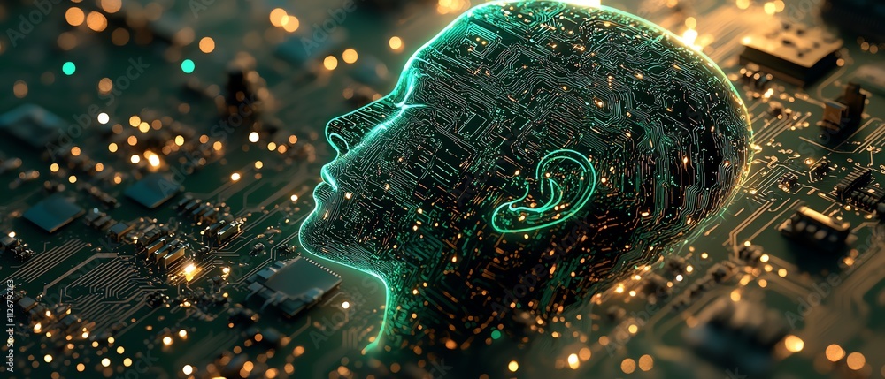 Poster Closeup of a glowing green circuit board with intricate copper lines forming a human head silhouette, symbolizing AI and humanmachine integration