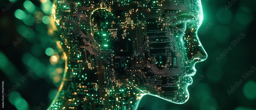 Aufkleber Closeup of a glowing green circuit board with intricate copper lines forming a human head silhouette, symbolizing AI and humanmachine integration