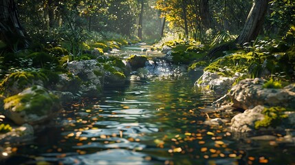Fototapeta premium A peaceful forest stream winding through mossy rocks, with crystal-clear water and vibrant foliage, shot in