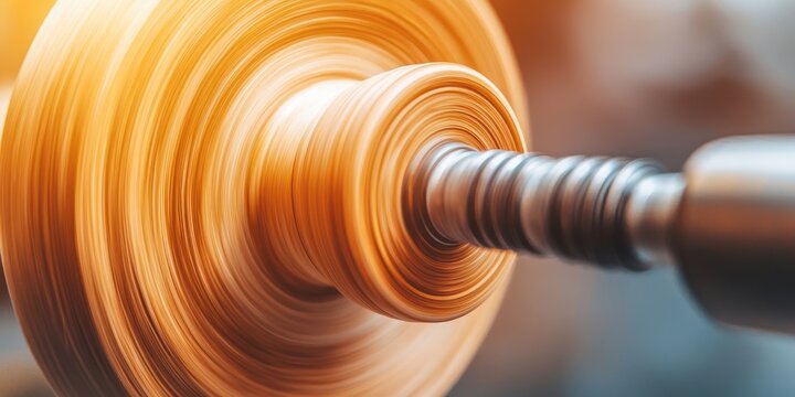 The handmade woodwork. Woodworking tool shaping a wooden piece on a lathe.