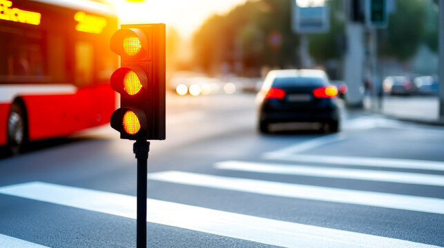 A traffic light displaying yellow, with vehicles in view and a crosswalk in the foreground, set against a sunset backdrop.