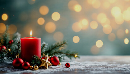 Festive holiday greeting card with featuring a lit red candle, ornaments, and a warm bokeh background