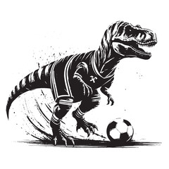 Tyrannosaurus playing soccer wear sport outfit, in brush stroke with kanji calligraphy, -