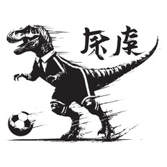 Tyrannosaurus playing soccer wear sport outfit, in brush stroke with kanji calligraphy, -