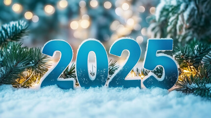 Enchanting Winter Wonderland with 2025 in Blue - A Serene Snowy Forest with Twinkling Lights and Bokeh. Perfect for Festive New Year Cards and Posters.