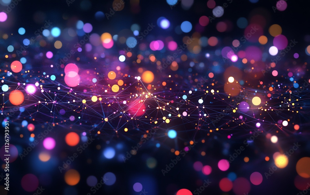 Poster An abstract digital network with vibrant, interconnected nodes symbolizing advanced communication and data exchange, set in a hightech futuristic world