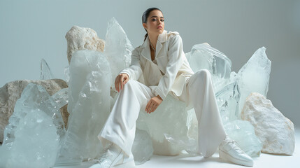 Fashion studio portrait of a woman. Young stylish modern girl full-length, sitting and posing on glass cobblestones or crystals in white fashionable oversized suit.