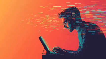 A minimalist figure of a man wearing glasses, typing on a keyboard, with floating data streams representing code debugging. 