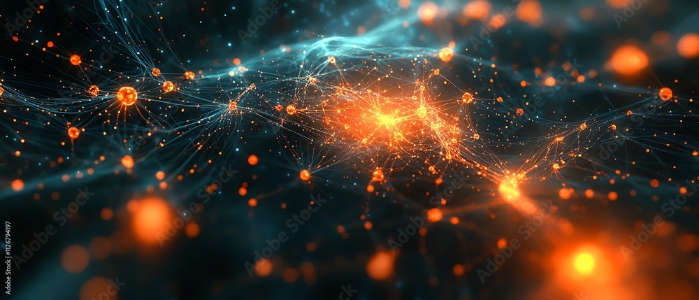 Aufkleber An abstract web of interconnected nodes, glowing with vibrant energy, symbolizing digital communication and data exchange in a futuristic technological space