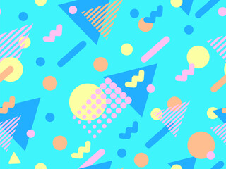 Geometric seamless pattern with memphis elements in 80s style. Colorful geometric pattern. Design of promotional products, wrapping paper and printing. Vector illustration