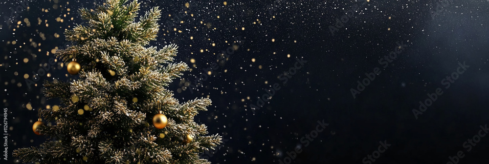 Poster sparkling christmas tree adorned with golden ornaments surrounded by falling snowflakes in a festive