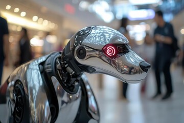 A striking robotic dog with a metallic finish and illuminated features is on display in a mall, representing the intersection of robotics and daily human life in public spaces.