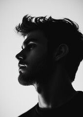 Black and white side profile of a young man with defined jawline and moody dramatic lighting