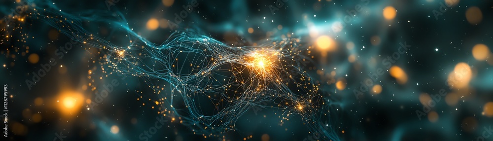 Aufkleber A complex, abstract network of luminous nodes connected by bright lines, symbolizing digital data exchange and neural networks in a futuristic, techinspired environment