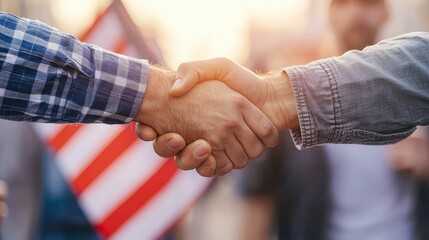 inequality wealth social concept, Two hands shake warmly in front of an American flag, symbolizing unity, agreement, and collaboration.