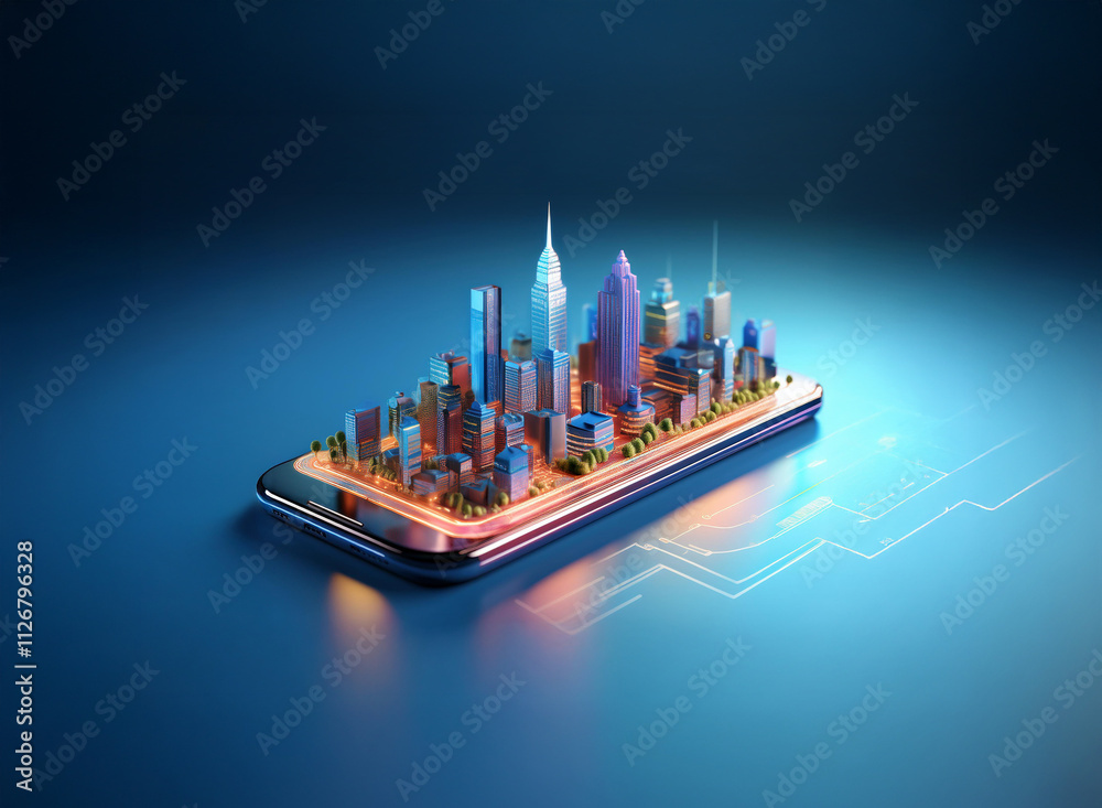 Aufkleber a vibrant, miniature metropolis rests on a sleek smartphone, symbolizing the interconnected, digital