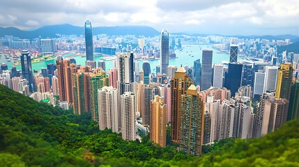 Fototapeta premium Panoramic view of Hong Kong's skyscrapers and harbor from a mountaintop.