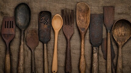The handmade woodwork. Collection of vintage wooden kitchen utensils on textured background.