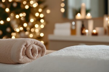 A tranquil spa environment featuring neatly arranged towels, warm ambient lights, and a soothing atmosphere inviting guests to unwind and enjoy a pampering experience.