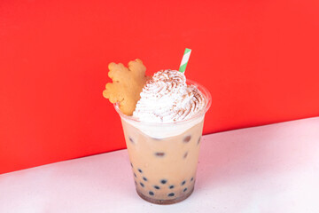 Christmas cafes menu background, iced festive Gingerbread boba tea bubble balls Oat Milk Chai tea...