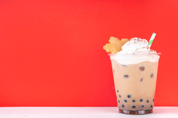 Christmas cafes menu background, iced festive Gingerbread boba tea bubble balls Oat Milk Chai tea...