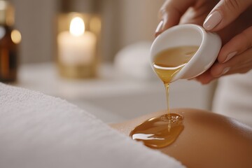 A serene moment captured as massage oil is poured into the palm, representing a calming spa treatment, emphasizing wellness, relaxation, and the art of therapeutic touch.
