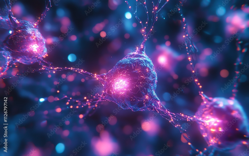 Aufkleber A dynamic web of interconnected nodes, representing neural networks and digital communication, glowing with neon hues in a hightech, futuristic setting