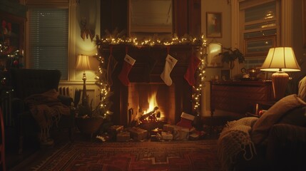 A vibrant red poinsettia plant in full bloom, sitting on a rustic wooden table surrounded by softly glowing Christmas lights and festive decorations