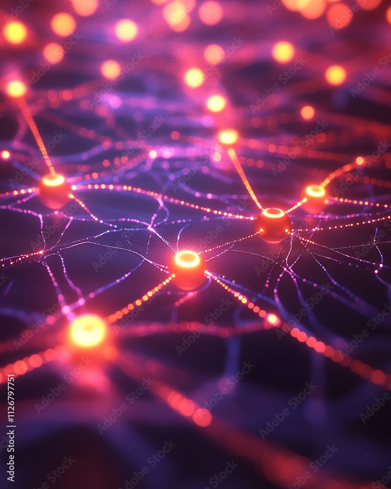 Poster A futuristic, abstract representation of a network of glowing nodes connected by digital lines, symbolizing neural networks and data flow in a techinspired world