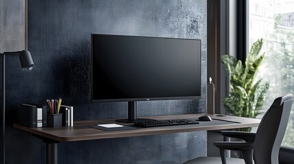 Fototapeta premium Modern Dark Workspace Featuring Computer Monitor And Accessories